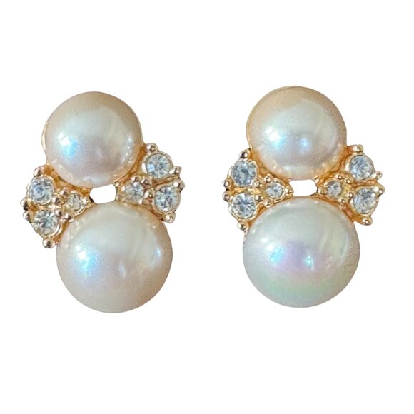 Vintage CHRISTIAN DIOR Double Pearl Rhinestone Earrings - Picture 11 of 11
